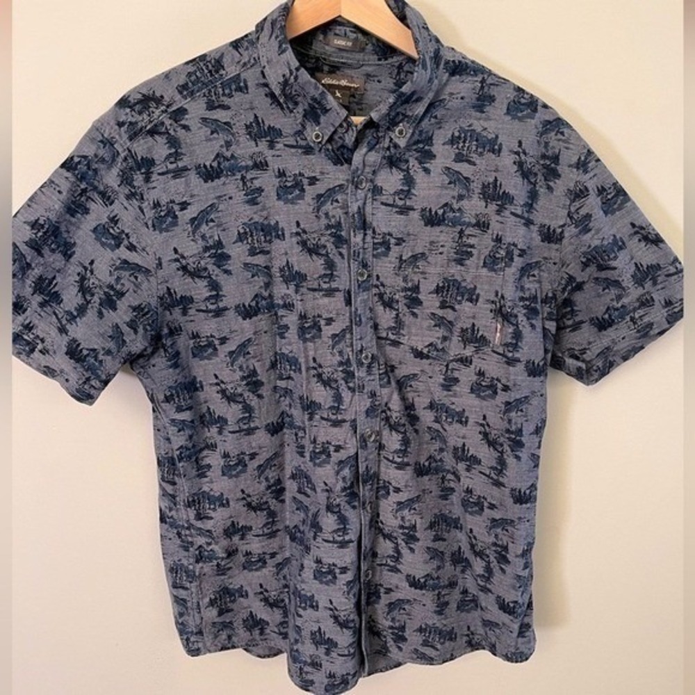 Eddie Bauer Mens Fishing Print Short Sleeve Button Down Shirt Blue Classic Fit L